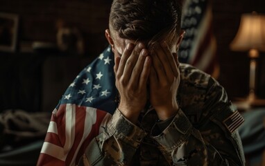 A heart-wrenching scene of a young soldier in distress, his hands covering his face, and the American flag draped around him. - obrazy, fototapety, plakaty