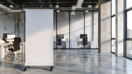 A roll-up banner mockup design, background is an office, well lit, modern