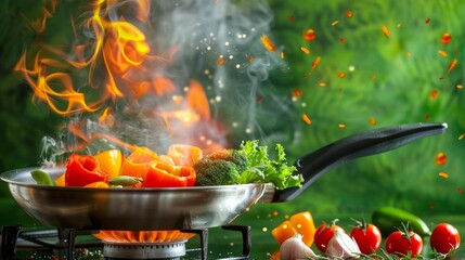 Fresh vegetables soaring above a sizzling stainless steel pan, flames flickering beneath on the stovetop, against a vibrant green backdrop.