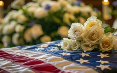 A poignant display of a folded American flag draped over a casket, adorned with a bouquet of pristine white roses - a solemn tribute to those who have made the ultimate sacrifice for their country.