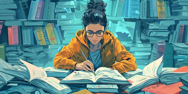 A college student highlighting key points in a textbook surrounded by a chaotic spread of notes and papers copy space Hand Drawn