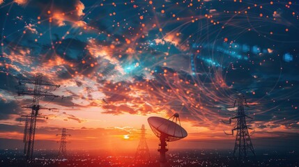 Worldwide Communication, Satellite and other antenna network against beautiful sky at sunset AI generated