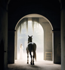 A white horse stands in a doorway, its tail flicking as it gazes out the window - 783742185