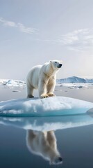 icebear threatened standing alone on floating ice floe sea sky melting arctic climate change, global warming die out