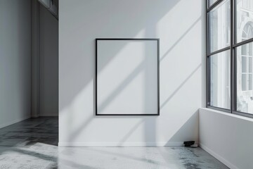 blank white black square frame hung up on a wall in an elegant modren house, minimalist