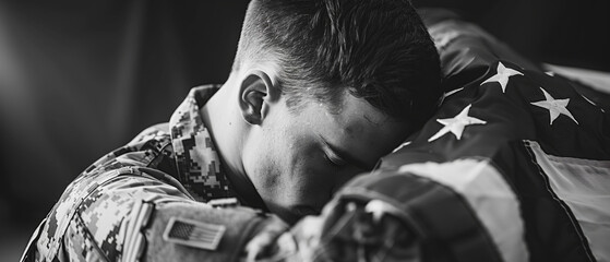 Black and white image capturing a soldier in uniform embracing the American flag, tears streaming down his face. - obrazy, fototapety, plakaty