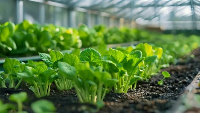A greenhouse filled with thriving plants, including seedlings, amidst a lush garden of vegetables, showcasing the beauty of agriculture and nature's growth