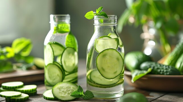 Refreshing cucumber water in a bottle, a healthy and natural way to stay hydrated.