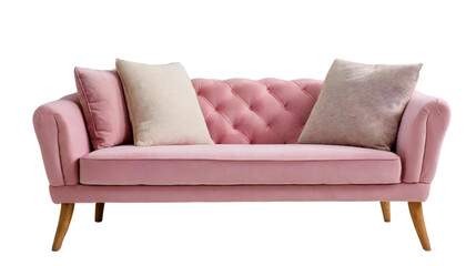 A world of comfort, a pink couch with wooden legs on a white background