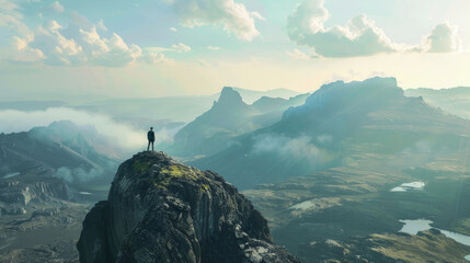 Solo traveler with hiking backpack standing and admiring beautiful landscape view from high mountain peak with cloudy sunny weather and mountains in the distance created with Generative AI Technology