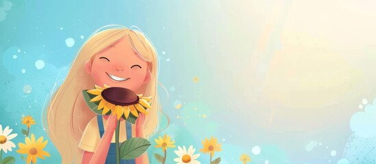 Blond girl with a joyful expression holds a sunflower while standing in a beautiful field of flowers
