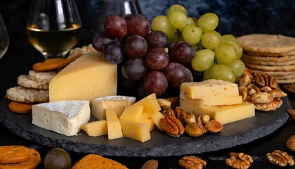 A close-up of a fancy cheese platter with a variety of exotic cheeses, grapes, nuts