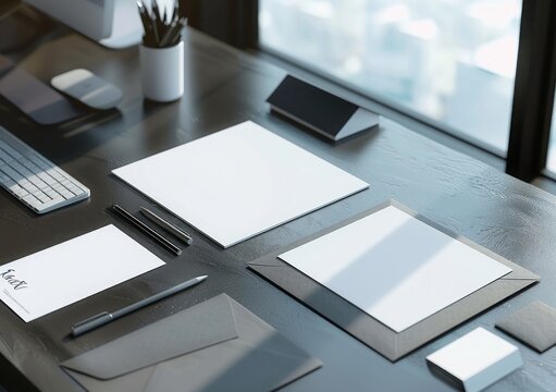 Mockup image of a blank stationery set, including business cards, envelopes, and letterheads, arranged on a sleek desk, ready for personalized branding designs