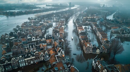 city underwater high rising sea level flooded dutch cityscape climate change, global warming ocean flood, hurricane destruction