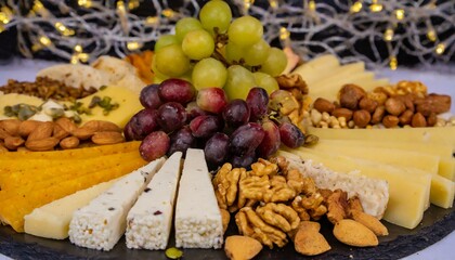 A festive cheese platter with a selection of exotic cheeses, fresh and dried grapes
