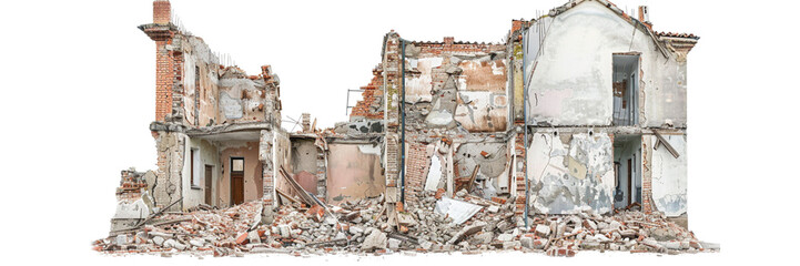 Demolished buildings and residential houses on white background , transparent png 