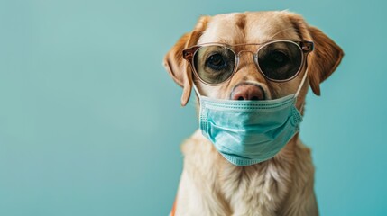 A dog using a mask isolated blue background