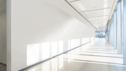 Front view of wide empty white wall in a hallway in a modern office, bright natural light, neutral tones