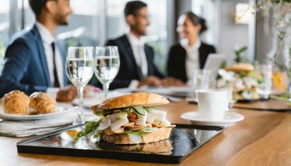 A sleek, modern office boardroom with a gourmet catered lunch spread. 