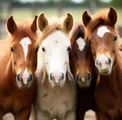 Three horses with beautiful manes standing together and gazing
