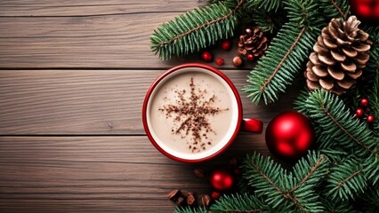 Obraz na płótnie Canvas Cozy Christmas Festive drink with cinnamon and pine cone decorations