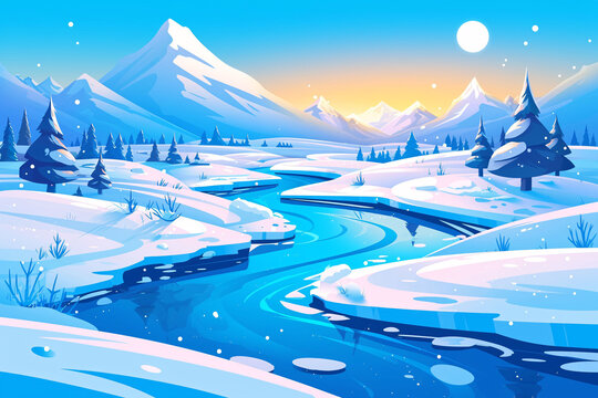 Illustrations of heavy snowfall in winter, illustrations of winter river scenes in snowy scenery