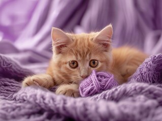 A cute little kitten lying on a knitted purple fabric.