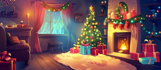 Festive Christmas tree adorned with decorations, surrounded by presents, in a warm living room with a crackling fireplace