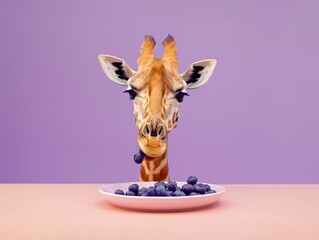 The giraffe is eating blueberries from a plate.