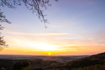 Panorama of a Romanesque landscape at sunset in the evening light. beautiful spring landscape in...