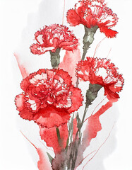 Watercolor artwork showcasing red carnations with green foliage against a stark white backdrop - 783744199