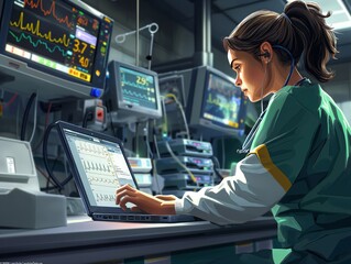 A woman is working on a laptop in a hospital setting. She is wearing a green shirt and white pants. The laptop is open and she is typing on it. The room is filled with medical equipment