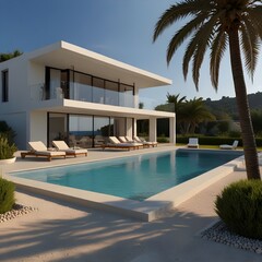 Fototapeta premium luxurious villa by the sea, beautiful view of the sea, pool area, generative ai