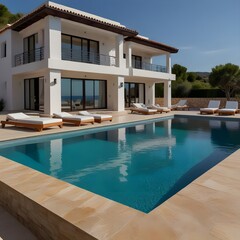 Fototapeta premium luxurious villa by the sea, beautiful view of the sea, pool area, generative ai