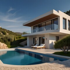 luxurious villa by the sea, beautiful view of the sea, pool area, generative ai