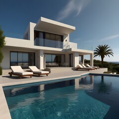Fototapeta premium luxurious villa by the sea, beautiful view of the sea, pool area, generative ai