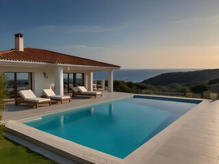 Fototapeta premium luxurious villa by the sea, beautiful view of the sea, pool area, generative ai