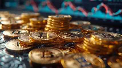 closeup shot of BTC coins in a table and a LED monitor.