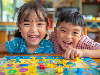 Cute Asian Siblings playing board games at the dining table, laughing and engaged in competition