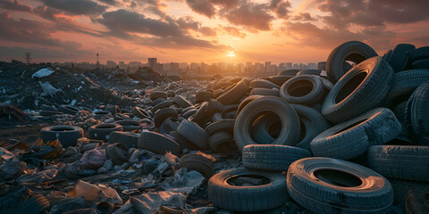 Landfill site with piles of discarded tires Tires dumped in a big pile for recycling with sunset background