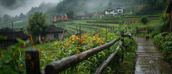 Chinese rural house with colorful flowers, green plants, stone path small wooden fence wet after rain on background of green terraced rice fields and mist created with Generative AI Technology
