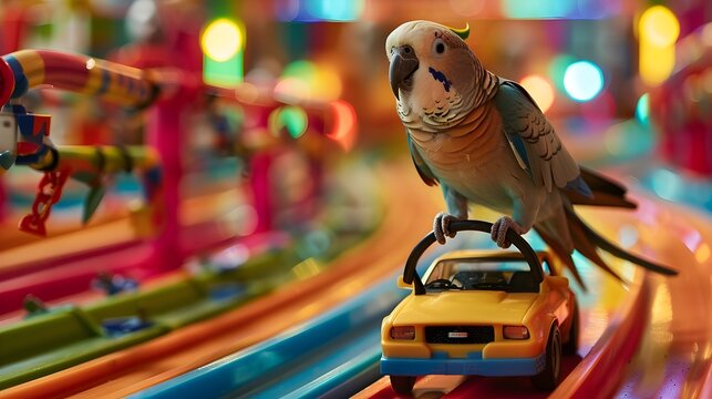 Adventurous Parrot Riding Toy Car on Vibrant Racetrack with Dynamic Motion Blur