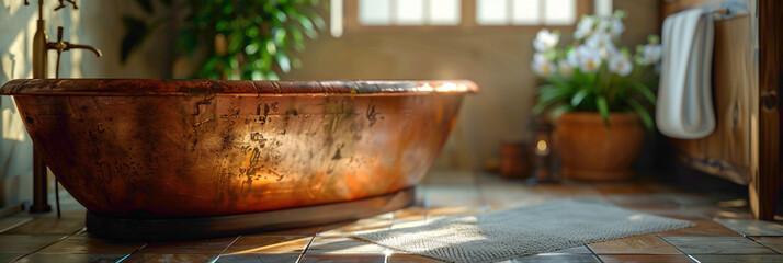 Close-up of a copper bathtub in a rustic bathroom, hyperrealistic photography of modern interior design