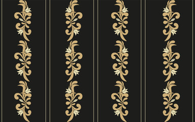 Floral Seamless pattern with Geometric Straight lines in modern Baroque style. Aesthetic Wall Print design. Wallpaper print Design. Vintage vector ornament on black background. Editable stroke