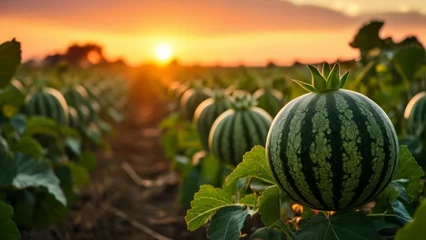 Foto op Plexiglas  Sunset over a watermelon field symbolizing the end of a fruitful day © vivekFx