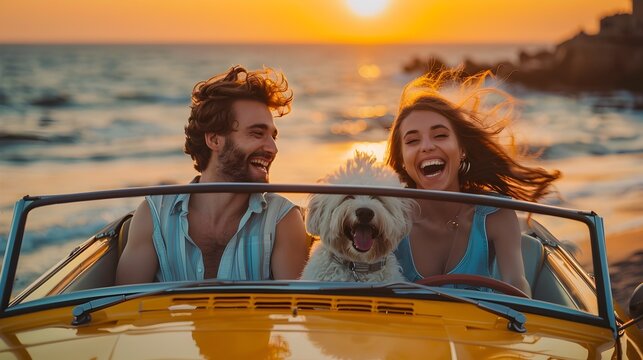 Joyful Seaside Adventure in Convertible with Beloved Pup