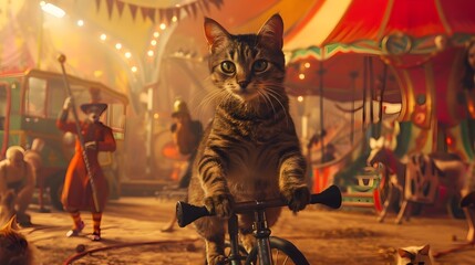 Feline Acrobat Unicycling at Vibrant Circus Performance with Surrounding Entertainers