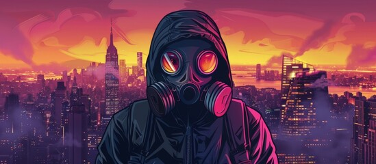 Man in EPI virus suit and gas mask in city background - obrazy, fototapety, plakaty
