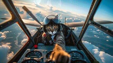 Determined Feline Pilot Navigates Airplane Through Dramatic Cloudscape