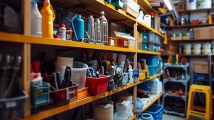 Organized Garage Shelves with Variety of Household Tools and Supplies, AI Generation